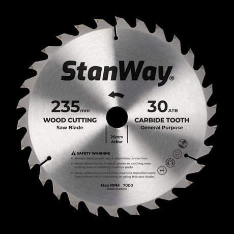 STANWAY 235mm Circular Saw Blade with tungsten carbide-tipped teeth for precise and durable wood cutting.