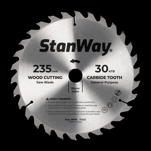 STANWAY 235mm Circular Saw Blade with tungsten carbide-tipped teeth for precise and durable wood cutting.