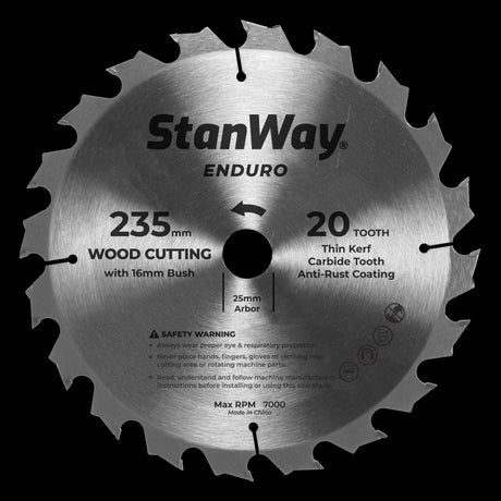 STANWAY 235mm Enduro Circular Saw Blade with tungsten carbide-tipped teeth for precise cutting of various materials.