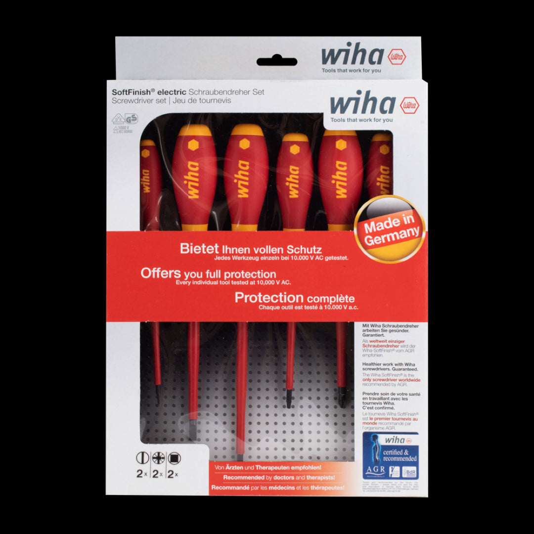 WIHA SoftFinish® Electric Screwdriver Set with 6 tools, ergonomic handles, and electrical safety features for precision work.