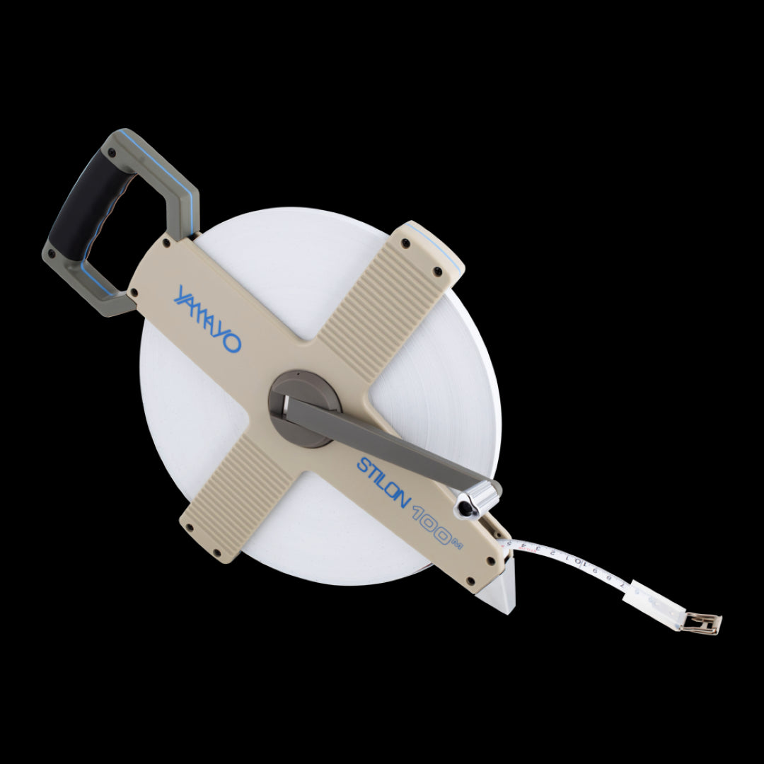 YAMAYO 100m measuring tape with nylon coating, high carbon steel core, and water-resistant design for durability and precise measurements.