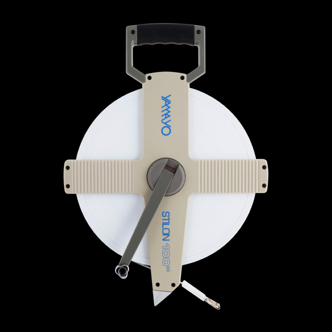 YAMAYO 100m nylon-coated steel measuring tape featuring durable high carbon steel and water-resistant design for precise measurements.
