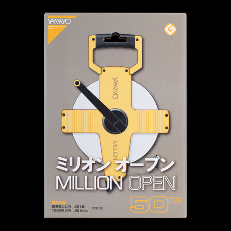 YAMAYO 50m PVC coated fibreglass measuring tape with durable reel, clear UV markings, and non-conductive blade for safety.