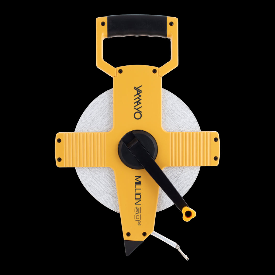 YAMAYO 50m PVC Coated Fibreglass Measuring Tape with durable ABS reel, clear markings, and non-conductive blade for precise measurements.