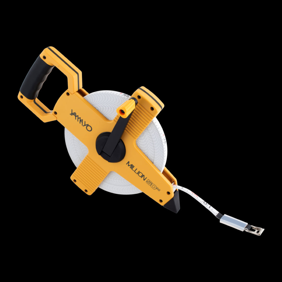 YAMAYO 50m PVC Coated Fibreglass Measuring Tape with ABS reel, UV-markings, non-conductive blade for safety and accuracy.