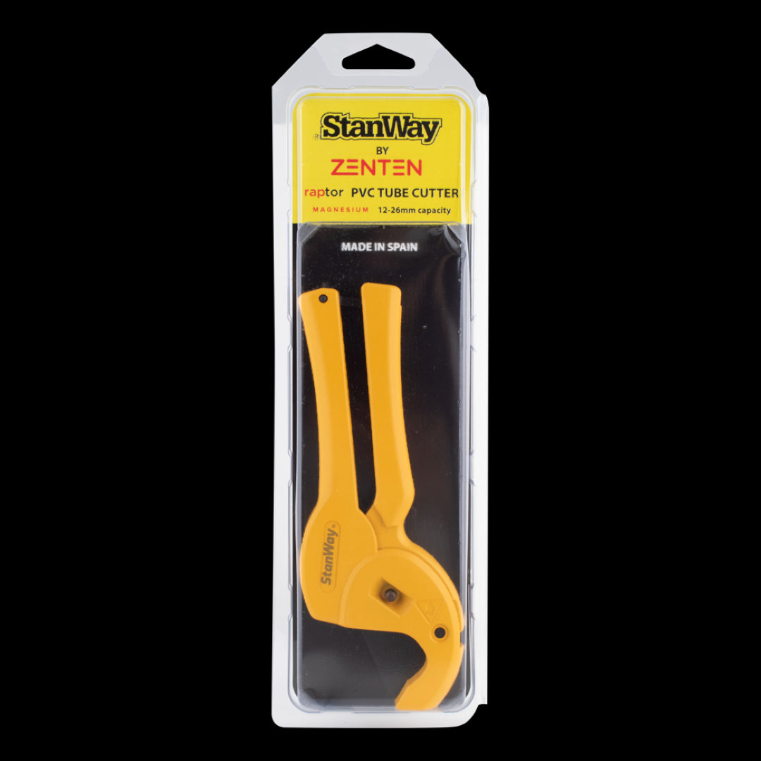 STANWAY Plastic Raptor Pipe Cutter for smooth, clean cuts on plastic pipes, featuring durable magnesium body and automatic blade retraction.