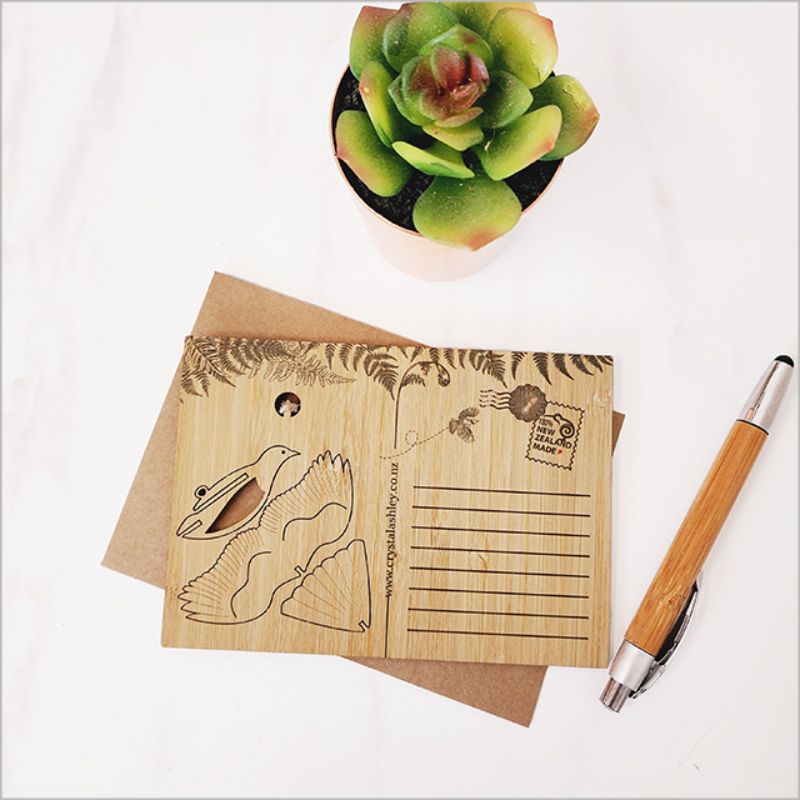Eco-friendly bamboo postcard featuring a 3D Kereru ornament design, perfect for gifting or home décor.