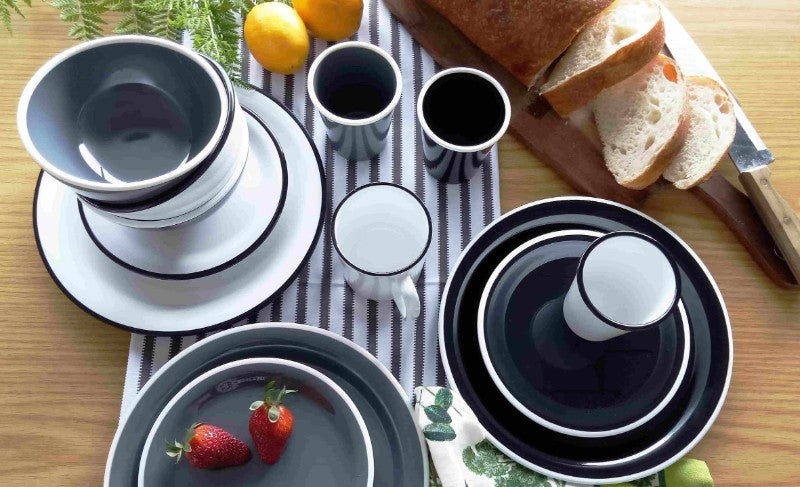 Set of 6 Jab Vintage Grey/White Rim Bowls, 15cm melamine, stylish and durable for all dining occasions.