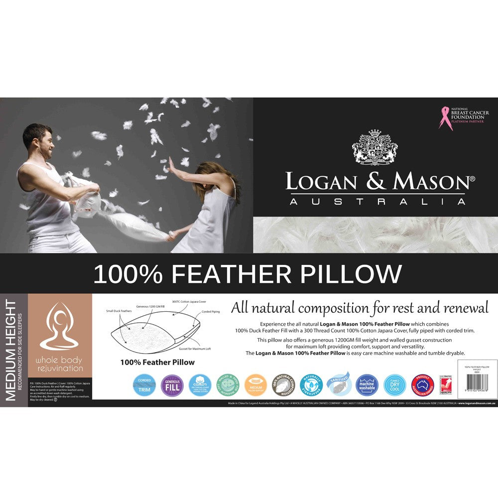 Logan & Mason 100% Feather Pillow with soft cotton cover, walled gusset for support, and machine washable for easy care.