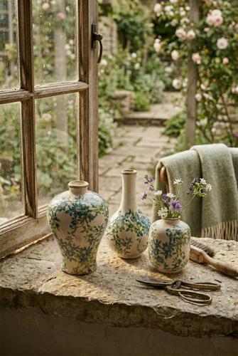 Ceramic Green Floral Vase Set of 3