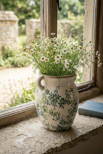 Ceramic Green & Blue Floral Vase 225x190x245