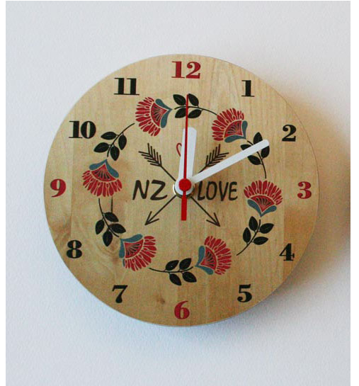 Vibrant round Pohutukawa NZ Clock in printed MDF, showcasing New Zealand's iconic red-flowered tree, ideal for home decor.