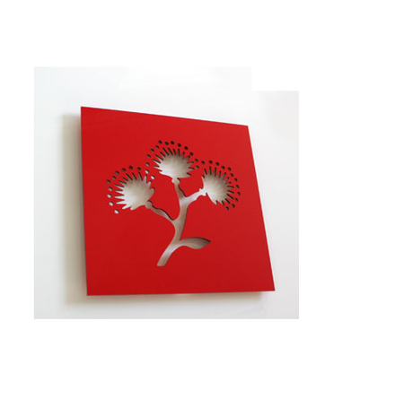 Pohutukawa Square Panel Kiwiana wall art showcasing New Zealand's iconic tree, 300x300 mm, in vibrant, durable ACM material.