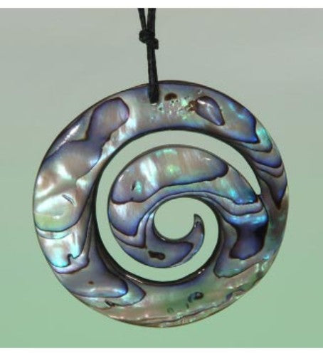 Vibrant Paua Closed Koru Pendant hanging from an adjustable black cord, symbolizing new beginnings and natural beauty.