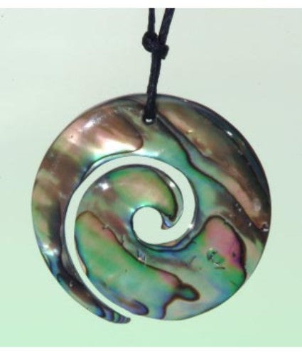 Paua Open Koru Pendant featuring vibrant, swirling patterns, symbolizing growth and renewal, crafted from authentic Paua shell.