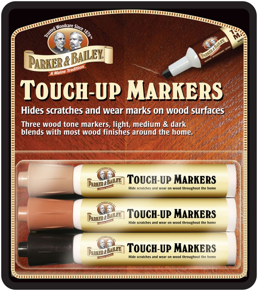 Parker Bailey wood touch-up markers easily conceal scratches on furniture and floors with three rich wood-tone options.