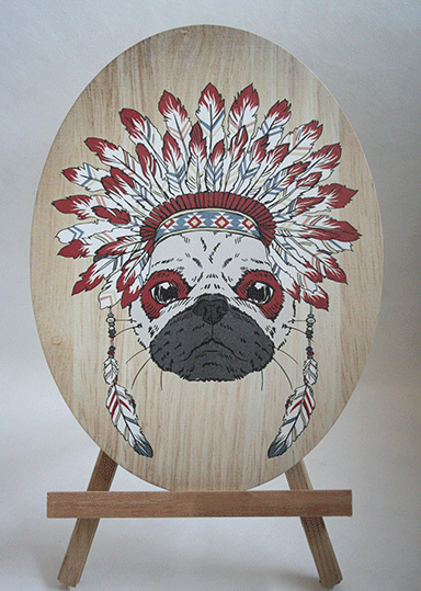 Tribal Pug plywood wall art, eco-friendly and vibrant, measures 210mm x 280mm, perfect for home decor and easy to hang.