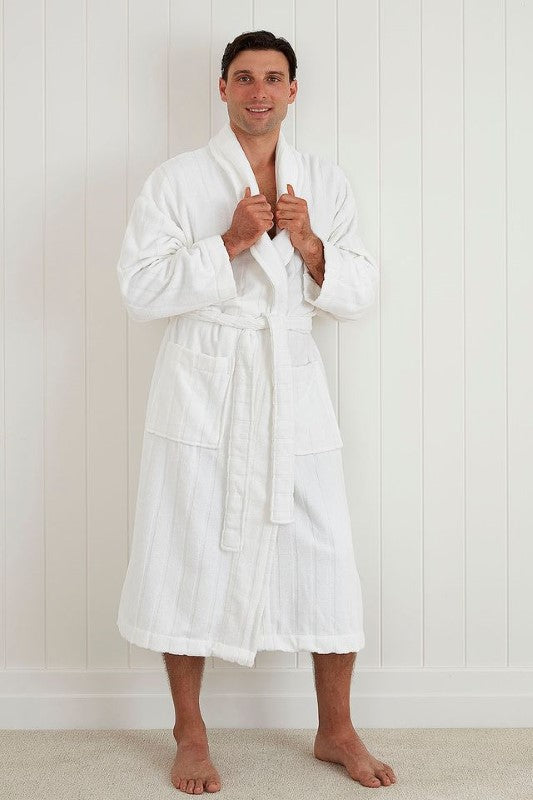 Luxury white bathrobe with shawl collar, pockets, and waist tie; made from OEKO-TEX® cotton, perfect for home relaxation.