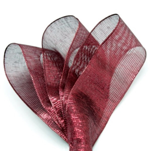 Rich wine woven edge shimmer ribbon, 38mm wide, 10m long, perfect for crafting and decorating projects.