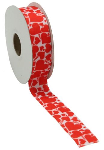 White grosgrain ribbon with red heart pattern, 2.5cm wide and 20m long, ideal for gift wrapping and crafting.