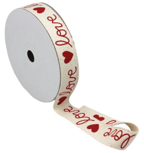 Cotton herringbone ribbon with a love print, 25mm wide, 20m long, ideal for gift wrapping and DIY projects.