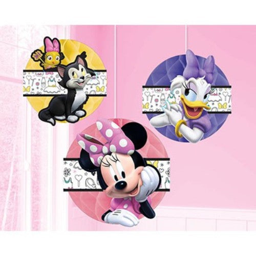 Vibrant pack of 3 Minnie Mouse honeycomb decorations, 26cm, perfect for themed parties and easy to assemble.