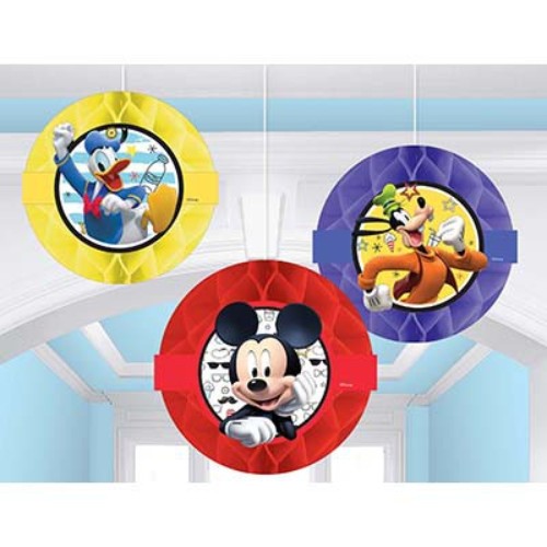 Mickey On The Go Honeycomb Hangings; pack of 3 with vibrant Mickey designs, perfect for parties and easy to assemble.