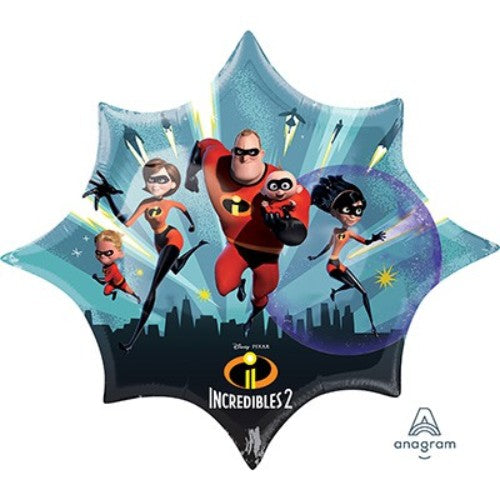 Vibrant Incredibles 2 foil balloon featuring favorite superheroes, perfect for themed parties and celebrations.