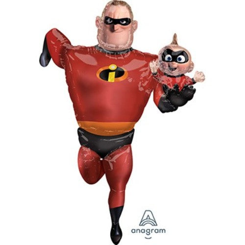 Airwalker Incredibles 2 balloon featuring Mr. Incredible and Jack Jack, perfect for vibrant party decor and celebrations.