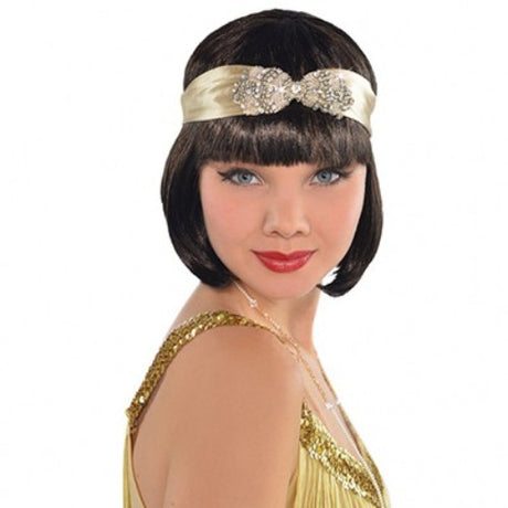 Elegant Roaring 20's flapper headband in satin with sparkling jewels, perfect for vintage-themed events and parties.