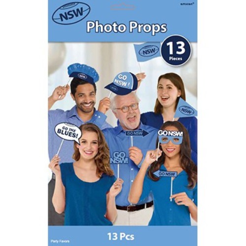 Pack of 13 NSW-themed cardboard cutouts on sticks for fun photo moments at parties and events.