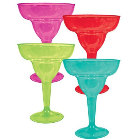 Vibrant pack of 20 assorted margarita glasses in hot pink, red, lime green, and aqua blue, perfect for festive gatherings.