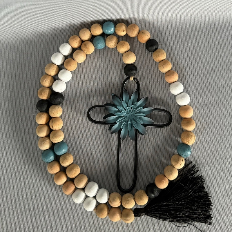 Beaded Rope - Blue Flower Cross (106cm)
