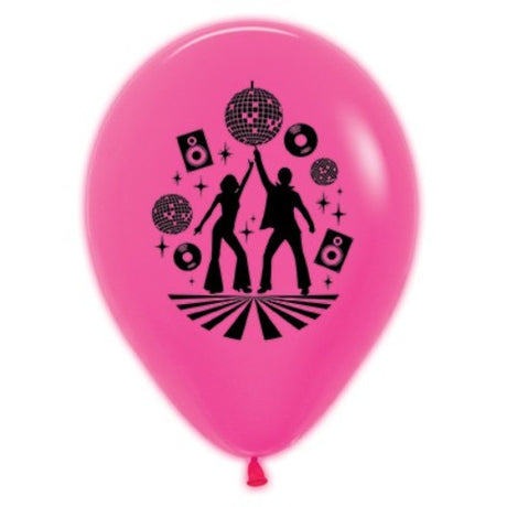 Vibrant 30cm fuchsia neon latex balloons, perfect for parties and events, glow under UV light, pack of 6.