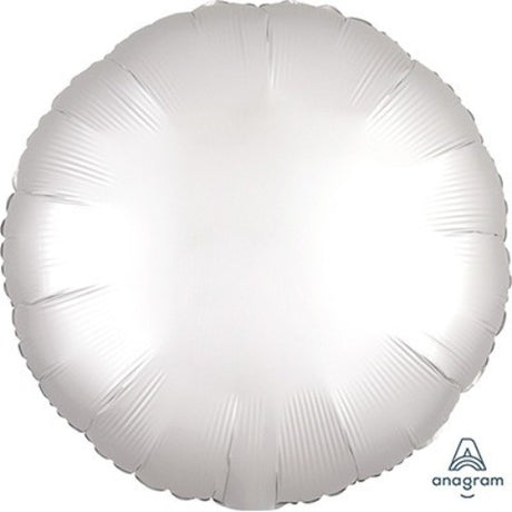 45cm round white satin luxe foil balloon with a shiny finish, ideal for elegant celebrations like weddings and birthdays.
