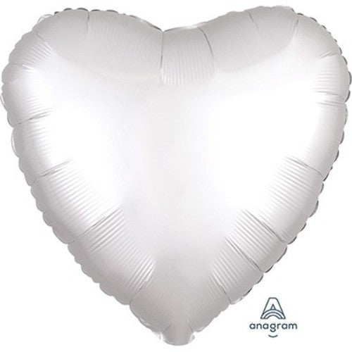 45cm white satin heart-shaped luxe foil balloon, self-sealing and requires helium for inflation.