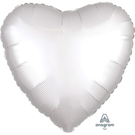 45cm white satin heart-shaped luxe foil balloon, self-sealing and requires helium for inflation.