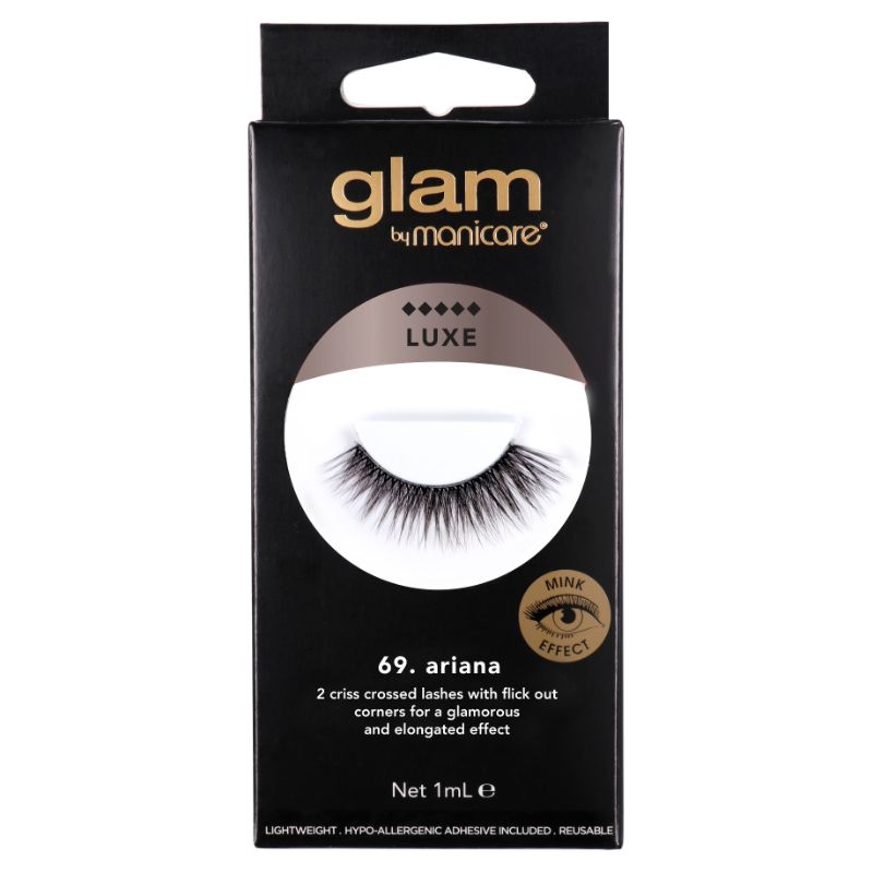Glam 69 Ariana Lash Luxe: luxurious, voluminous lashes with crisscross design and flick-out corners for a sultry eye effect.