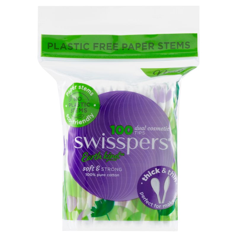 Swisspers Cosmetic Tips Paper: biodegradable cotton tips with sturdy paper stems for precise makeup application and touch-ups.