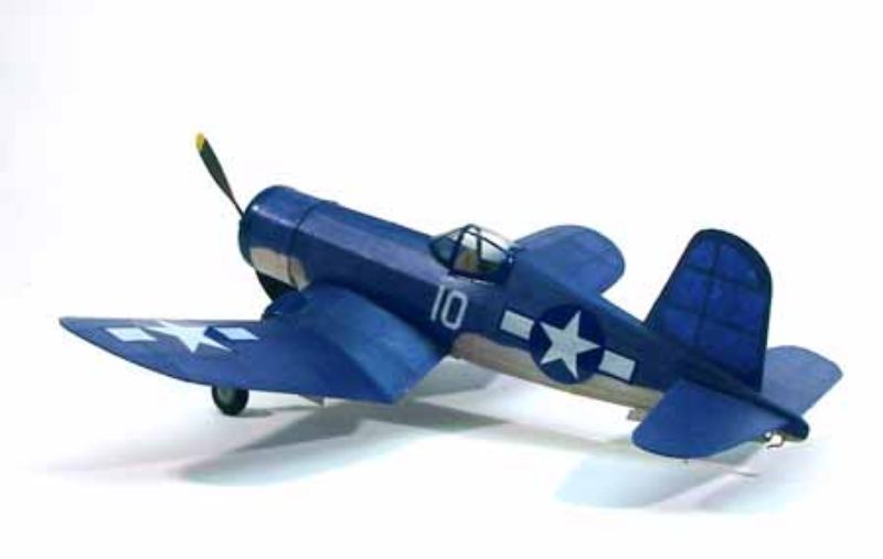 Balsa Glider Kit F4U Corsair with 44cm wingspan, 70+ parts, decals, propeller, and step-by-step instructions.