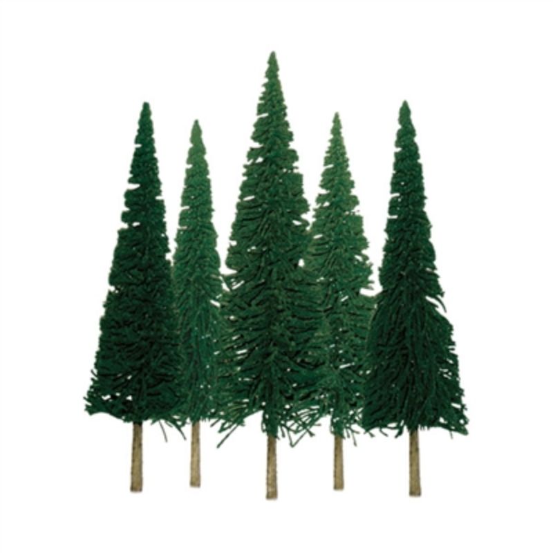 Econo Pine model trees, 50-100mm, ideal for dioramas and train sets, crafted for lifelike scenery enhancement.