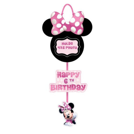 Customizable Minnie Mouse photo hanging sign with 28 stickers, perfect for kids' rooms and celebrations.