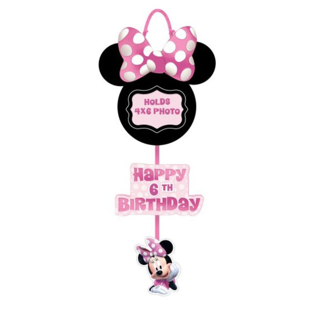 Customizable Minnie Mouse photo hanging sign with 28 stickers, perfect for kids' rooms and celebrations.
