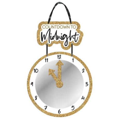 Elegant gold glittered mirror clock with adjustable hands, perfect for countdown celebrations and home decor.