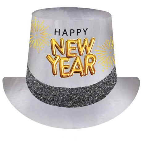 Glittered black, silver, and gold top hat for New Year celebrations, crafted from cardboard and foil, perfect for parties.