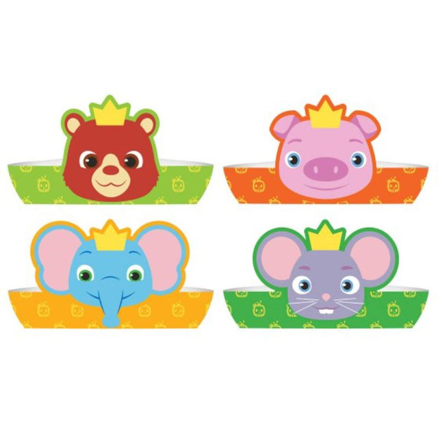 Pack of 8 Cocomelon paper crowns featuring vibrant characters, perfect for kids' birthday parties and joyful celebrations.