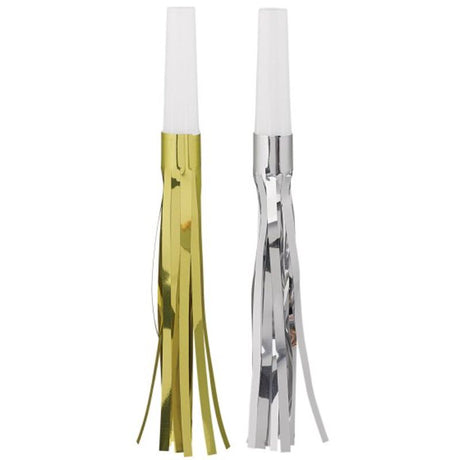 Pack of 30 silver and gold Party Fringed Squawkers, perfect for festive occasions and eye-catching decorations.