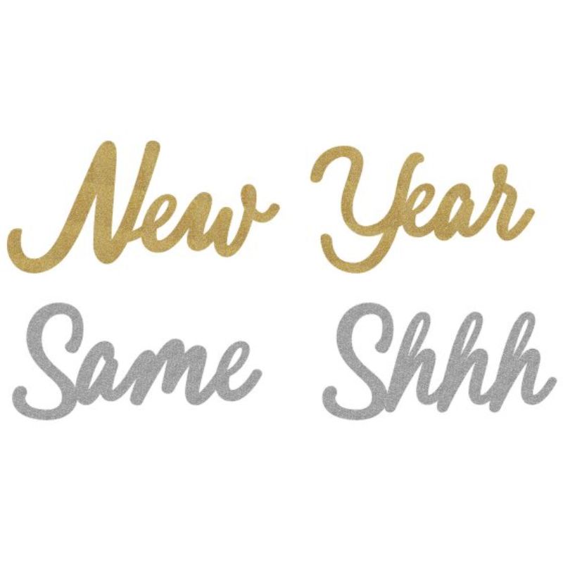 Glittered New Year Same Shhh cutouts in black, silver, and gold, perfect for festive decor and celebrations.