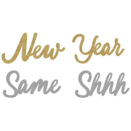 Glittered New Year Same Shhh cutouts in black, silver, and gold, perfect for festive decor and celebrations.