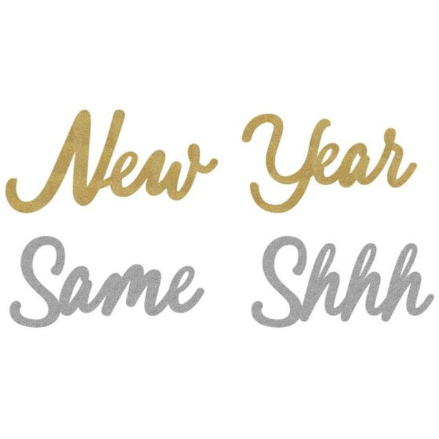 Glittered New Year Same Shhh cutouts in black, silver, and gold, perfect for festive decor and celebrations.